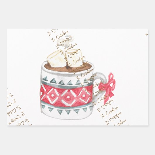 Feestelijke Hot Cocoa Mok 3-Pack Kerstcadeau Wrap Inpakpapier Vel (Voorkant)
