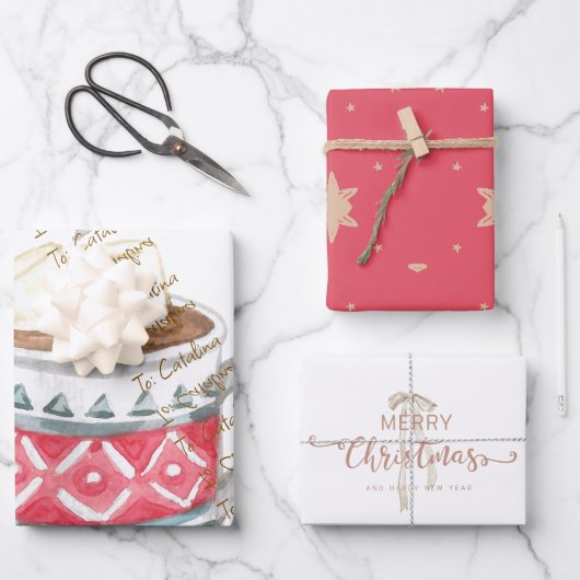 Feestelijke Hot Cocoa Mok 3-Pack Kerstcadeau Wrap Inpakpapier Vel (Voorkant)