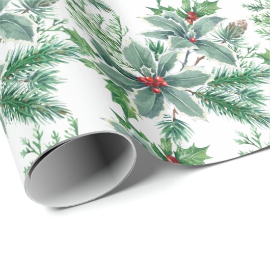 Feestelijke Hulstbes Waterverf Kerstvakantie Cadeaupapier (Rol Hoek)