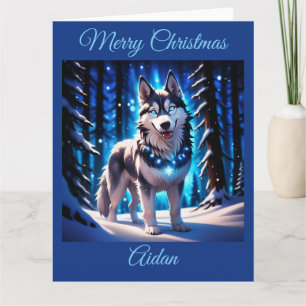 Feestelijke Husky spelen in het bos sneeuw Kaart