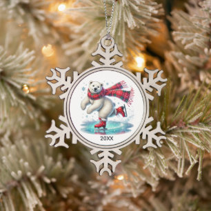 Feestelijke ijsbeer voor schaatsen toevoegen jaar tin sneeuwvlok ornament