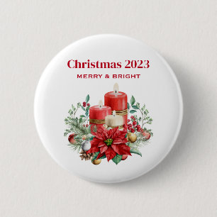 Feestelijke kaarsen en Poinsettia Boeket Kerstmis Ronde Button 5,7 Cm
