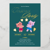 Feestelijke kalligrafie katten groen kerstfeest folie uitnodiging (Voorkant)