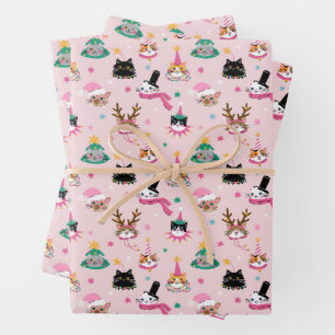 Feestelijke Kattengezichten in Vakantie Petten Pat Inpakpapier Vel