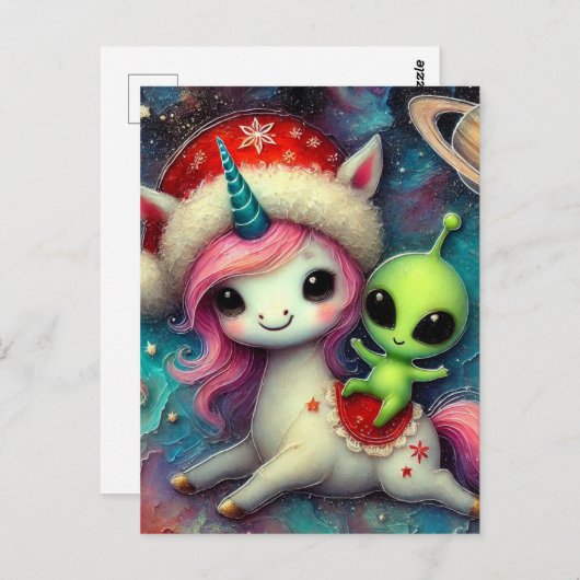 Feestelijke kerst Alien en Unicorn Briefkaart (Voorkant / Achterkant)