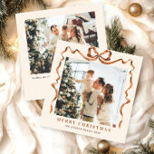 Feestelijke Kerst Beige Boho Bow Ribbon 2 Foto Feestdagenkaart