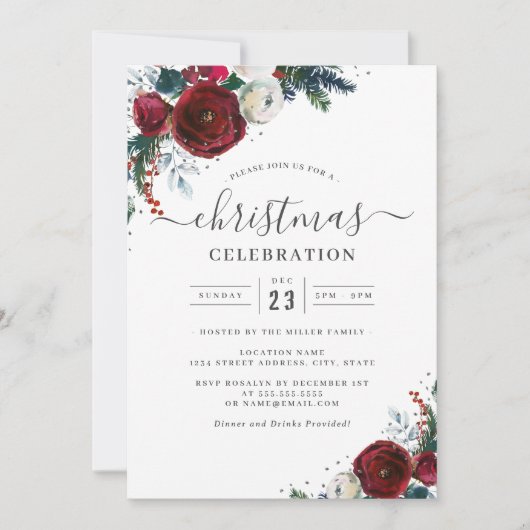 Feestelijke Kerst Bloemen Rood Zilver Party Kaart (Voorkant)