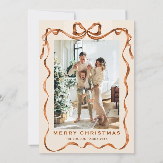Feestelijke Kerst Boho Beige Bow Ribbon 5 Foto Feestdagenkaart (Voorkant)