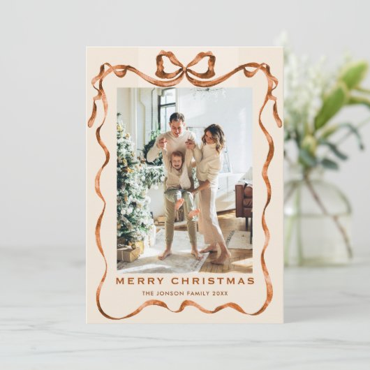 Feestelijke Kerst Boho Beige Bow Ribbon 5 Foto Feestdagenkaart (Staand voorkant)