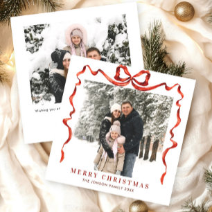 Feestelijke Kerst Boho Red Bow Ribbon 2 Foto Feestdagenkaart