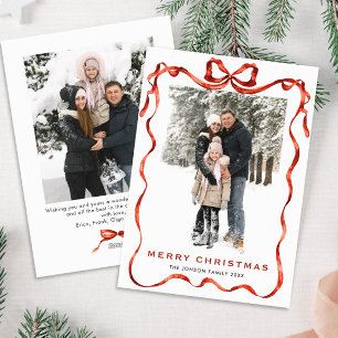 Feestelijke Kerst Boho Red Bow Ribbon 2 Foto Feestdagenkaart