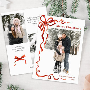 Feestelijke Kerst Boho Red Bow Ribbon 3 Foto Feestdagenkaart