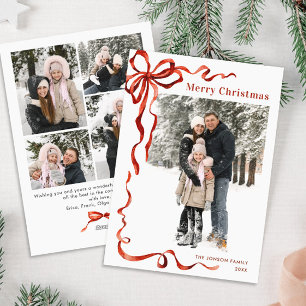 Feestelijke Kerst Boho Red Bow Ribbon 5 Foto Feestdagenkaart