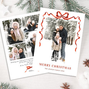 Feestelijke Kerst Boho Red Bow Ribbon 5 Foto Feestdagenkaart