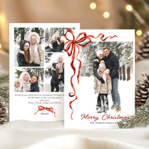 Feestelijke Kerst Boho Red Bow Ribbon 5 Foto Feestdagenkaart