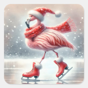 Feestelijke kerst Flamingo schaatsen Vierkante Sticker