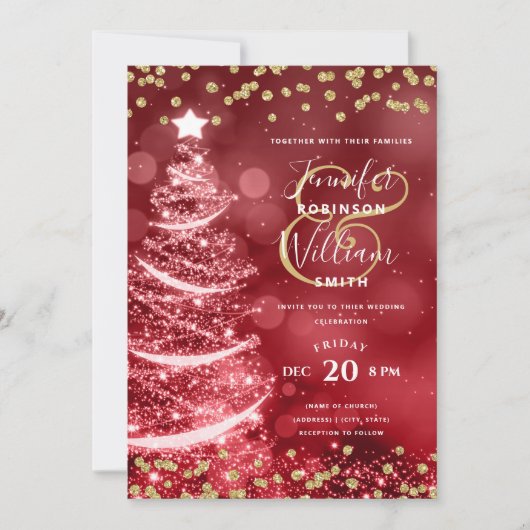 Feestelijke Kerst Goud Rode bruiloft Sparkle Tree Kaart (Voorkant)