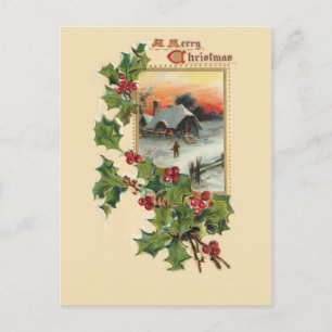 Feestelijke Kerst Holly en rustieke Winter Scène Briefkaart