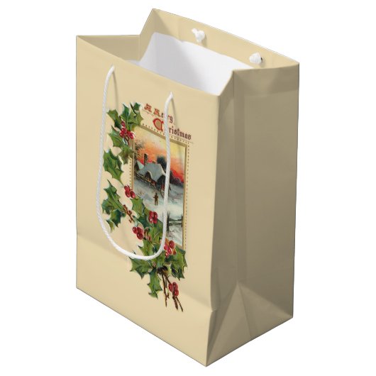 Feestelijke Kerst Holly en rustieke Winter Scène Medium Cadeauzakje (Voorkant Gekanteld)