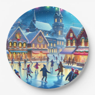 Feestelijke kerst ijsschaats scène papieren bordje