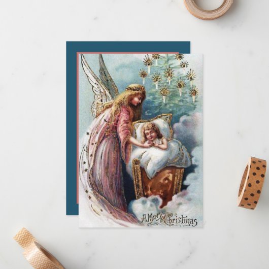 feestelijke kerst-kerst-engel voegt sentiment toe notitiekaartje (Voorkant / Achterkant in situ)