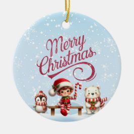 Feestelijke Kerst met Elf, Penguin Uitnodiging Keramisch Ornament