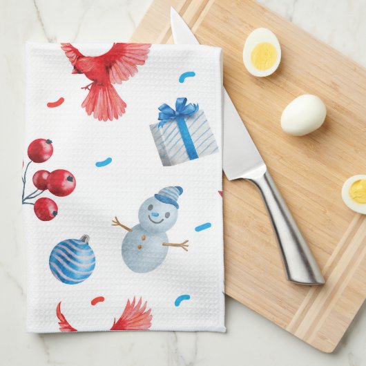Feestelijke kerst Sneeuwmannen Rode Kardinalen Orn Theedoek (Quarter Fold)