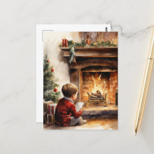 Feestelijke Kerst waterverf open haard kind Briefkaart