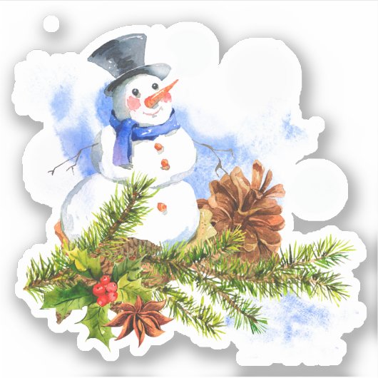 Feestelijke Kerst Waterverf Sneeuwman Sticker (Voorkant)