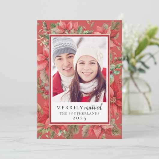 Feestelijke Kerstbloem Vrolijk Getrouwd Pas getrou Feestdagenkaart (Staand voorkant)