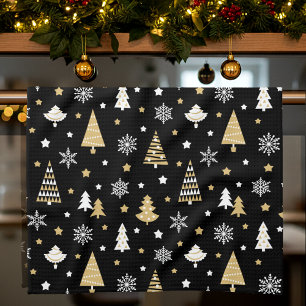 Feestelijke Kerstbomen Sneeuwvlokken Zwart Theedoek