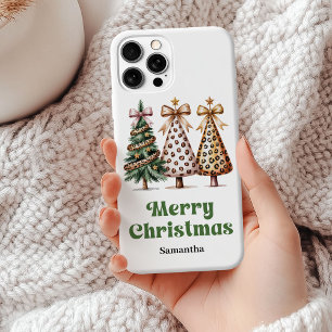 Feestelijke kerstbomen watercolor luipaardprint iPhone 15 mini hoesje