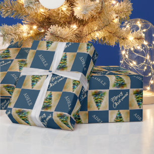 Feestelijke Kerstboom Aquarel Blauw Vakantie Cadeaupapier