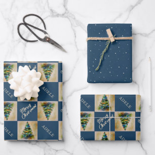 Feestelijke Kerstboom Aquarel Blauwe Vakantie Inpakpapier Vel