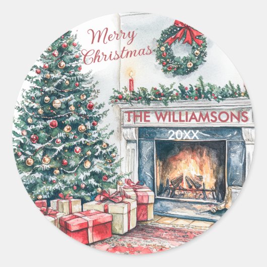 Feestelijke kerstboom cadeaus ronde sticker (Voorkant)