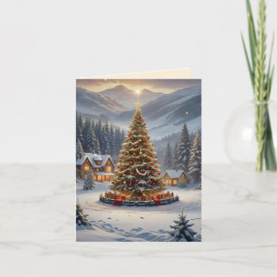 Feestelijke kerstboom in een bergdorp feestdagen kaart