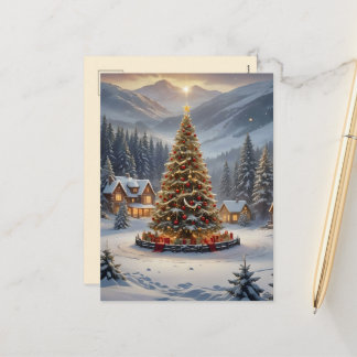Feestelijke kerstboom in een bergdorp feestdagenkaart