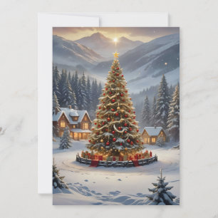 Feestelijke kerstboom in een bergdorp feestdagenkaart