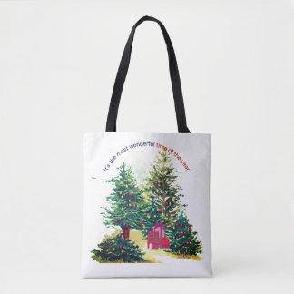 Feestelijke kerstboom met cadeautjes draagtas