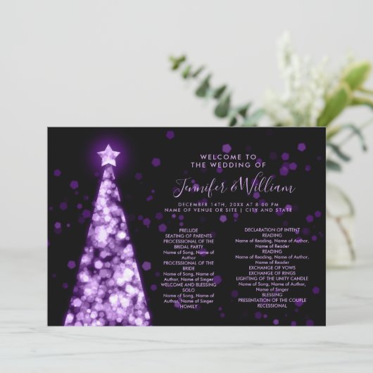 Feestelijke kerstboom Paarse bruiloft menu program Kaart (Staand voorkant)