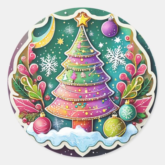 Feestelijke kerstboom ronde sticker (Voorkant)