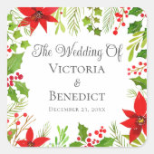 Feestelijke Kerstbruiloft Bloemen Gepersonaliseerd Vierkante Sticker (Voorkant)