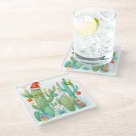 Feestelijke Kerstcactus met Santa Hat & Ornament Glazen Onderzetter