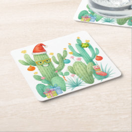 Feestelijke Kerstcactus met Santa Hat & Ornament Vierkante Kartonnen Onderzetter
