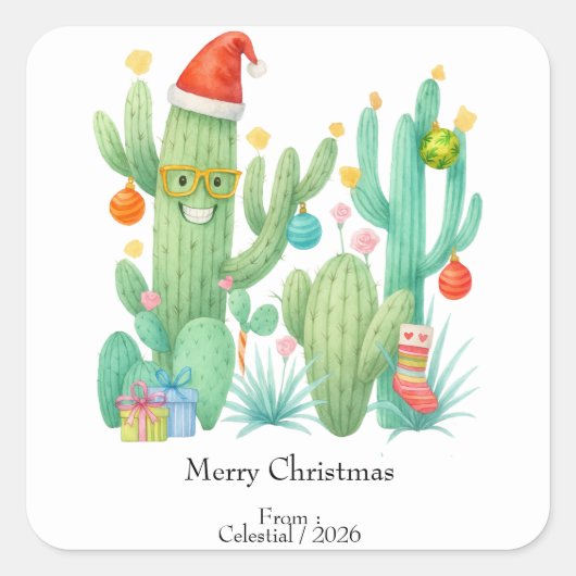 Feestelijke Kerstcactus met Santa Hat & Ornament Vierkante Sticker (Voorkant)