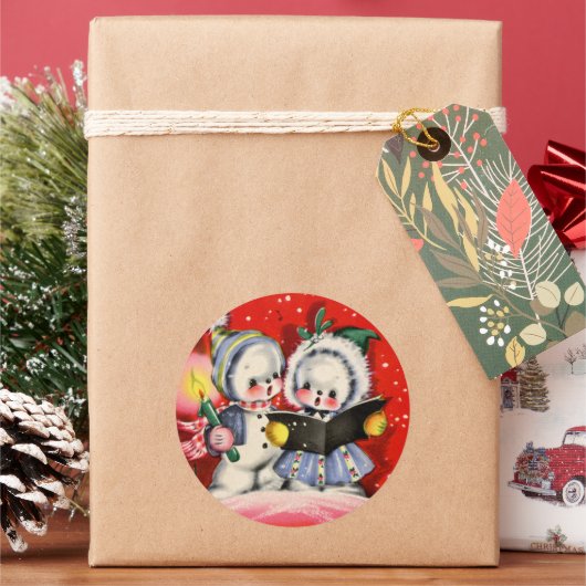 feestelijke kerstkleuring van sneeuw kinder retro ronde sticker (Feestdagen)