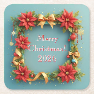 Feestelijke kerstlijst versierd met poinsettia's vierkante kartonnen onderzetter