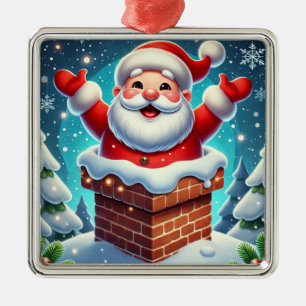 Feestelijke Kerstman die uit de Schoorsteen komt Metalen Ornament