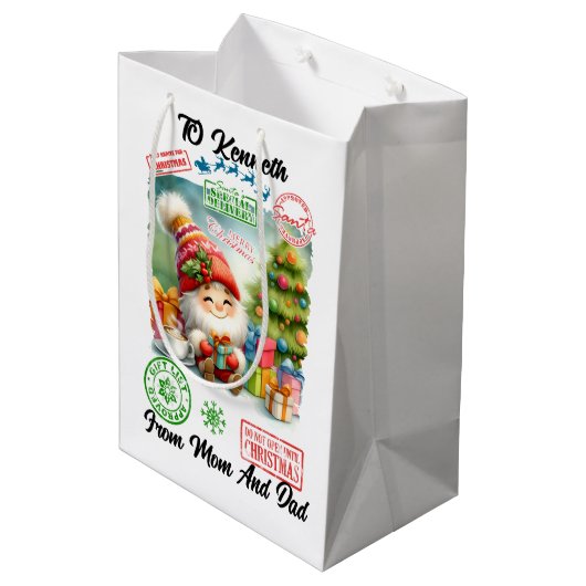 Feestelijke Kerstman zak met geschenken & Elfen Medium Cadeauzakje (Achterkant Gekanteld)