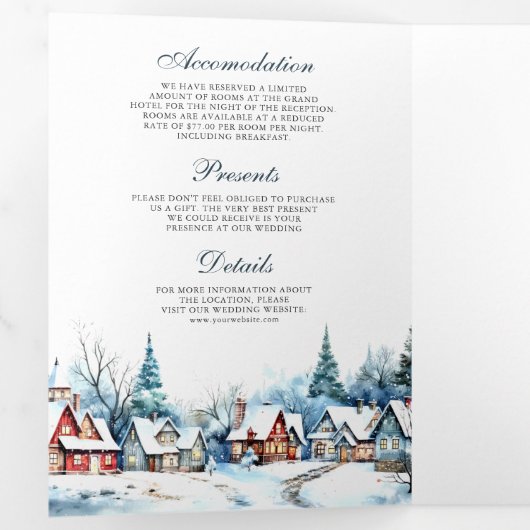 Feestelijke Kerstmis Winter Village QR Code Bruilo Drieluik Uitnodiging (Binnenzijde eerst)